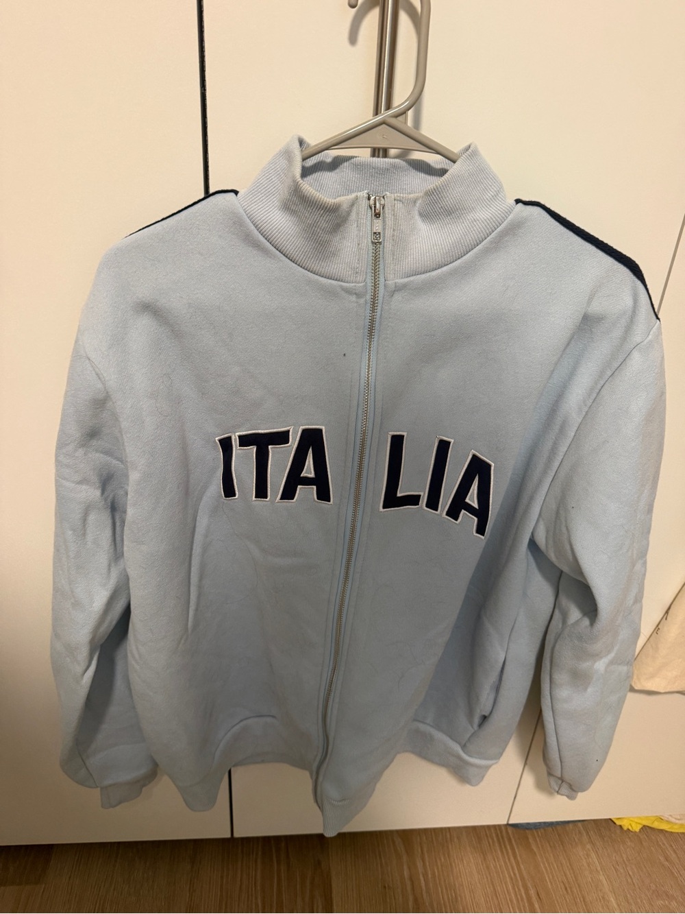 Edikted Light Blue ITALIA Zip-Front Varsity Jacket with Navy Lettering